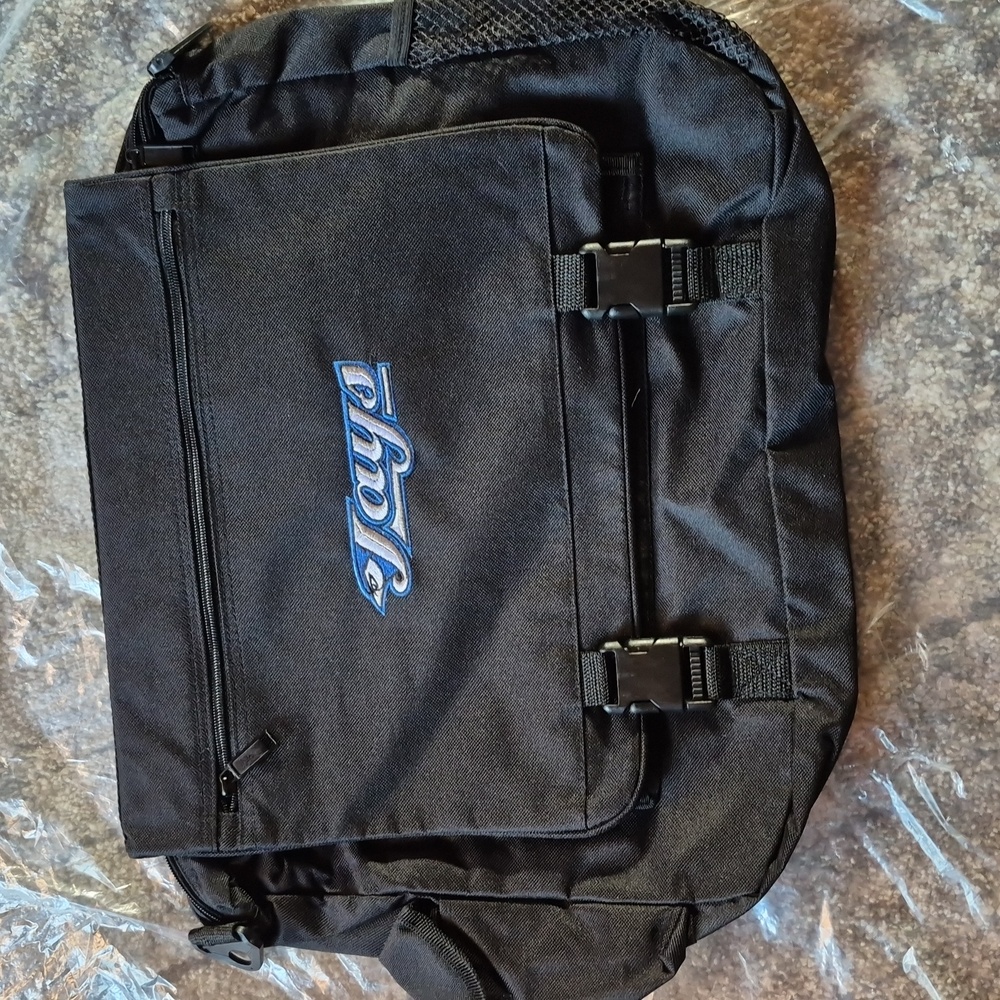 Black Messenger Bag With Team Toronto Blue Jays logo.